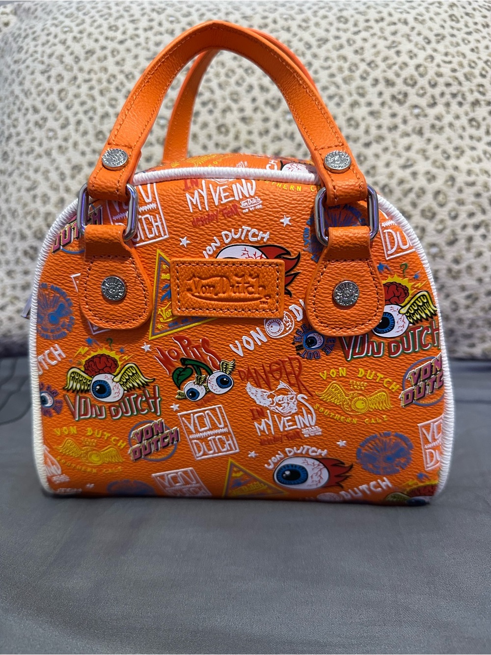 Von Dutch Orange Graphic Mini Satchel with Multicolor Print